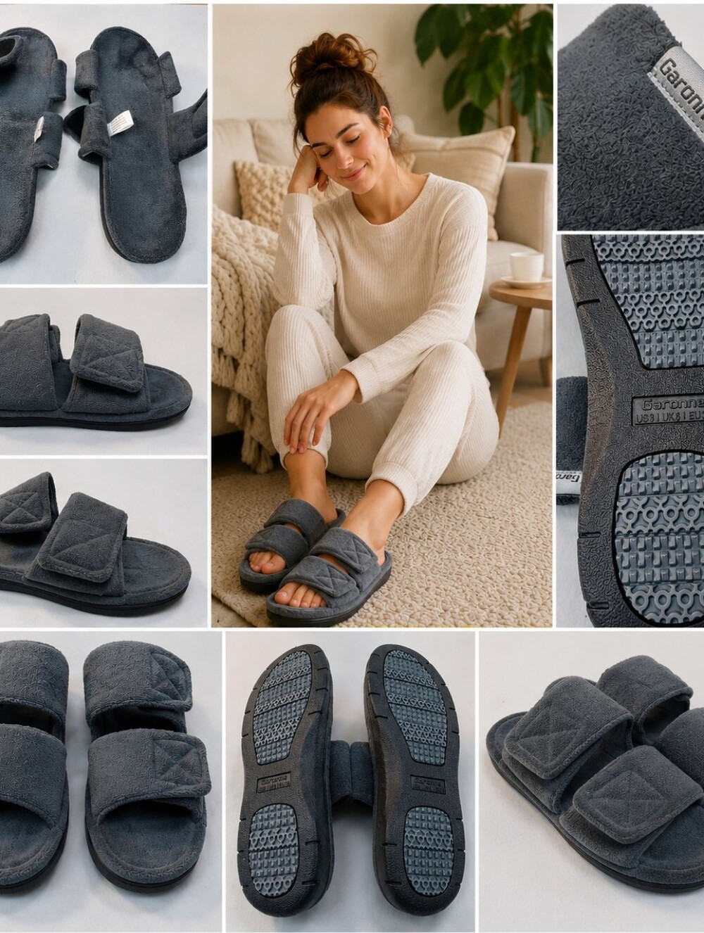 NWOT Garonne Gray Adjustable Cushion Comfort Slippers Women's US 8 EU 39